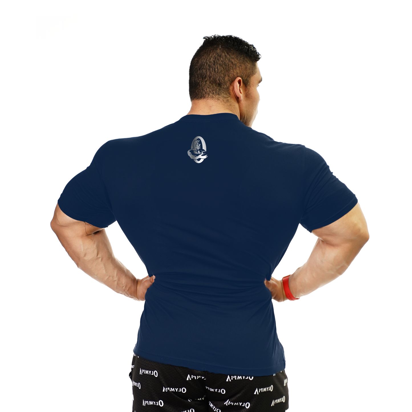 Olympia Metallic Silver Workout Plate Premium Blue T-Shirt