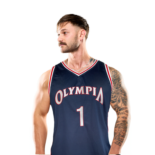 Olympia Baloncesto Jersey Azul, Blanco y Rojo