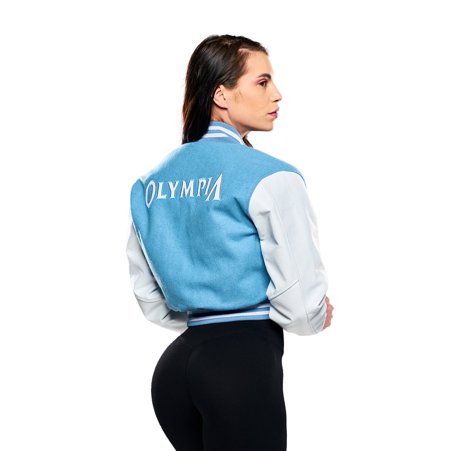 Olympia Crop Lettermen Jacket Light Blue/white