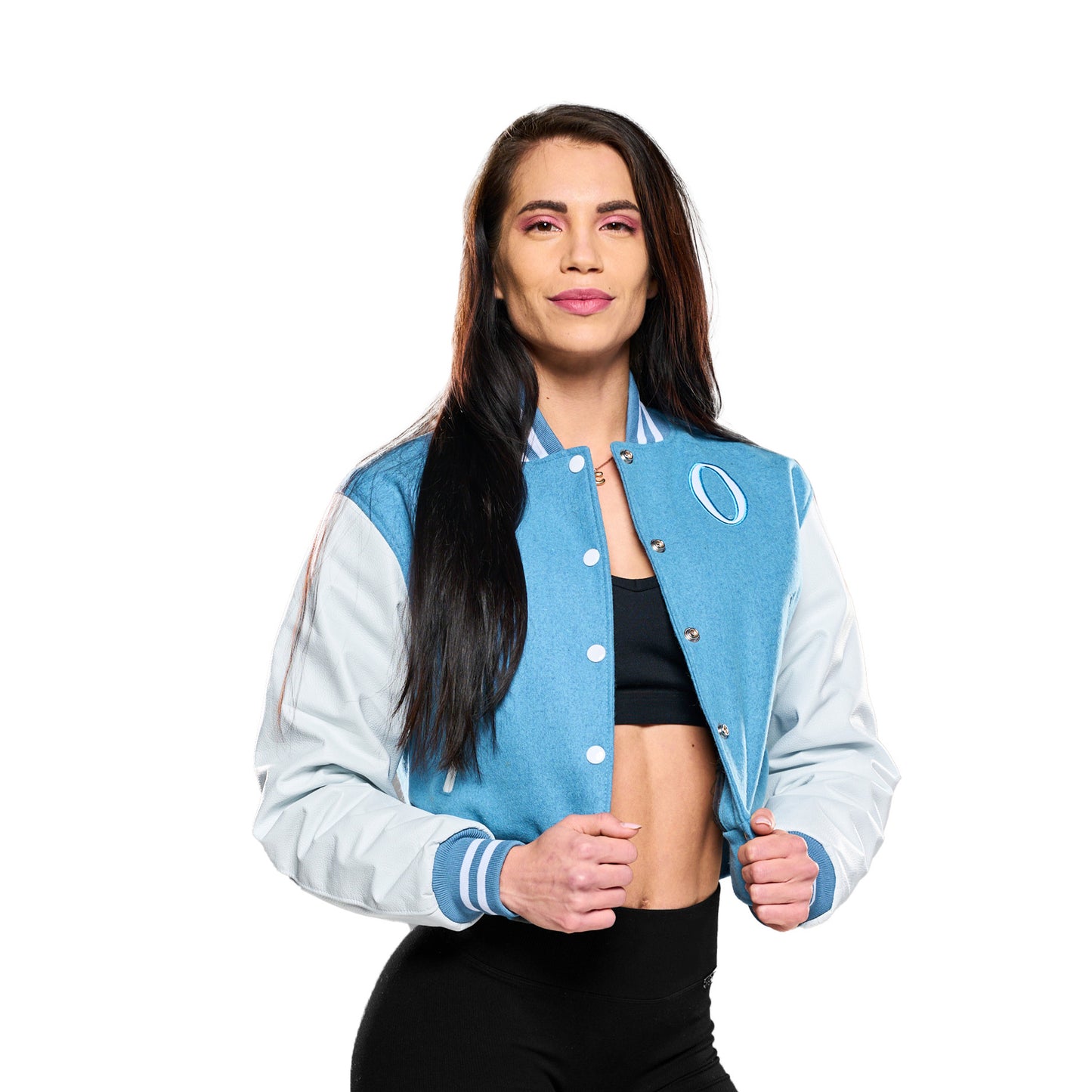 Olympia Crop Lettermen Jacket Light Blue/white