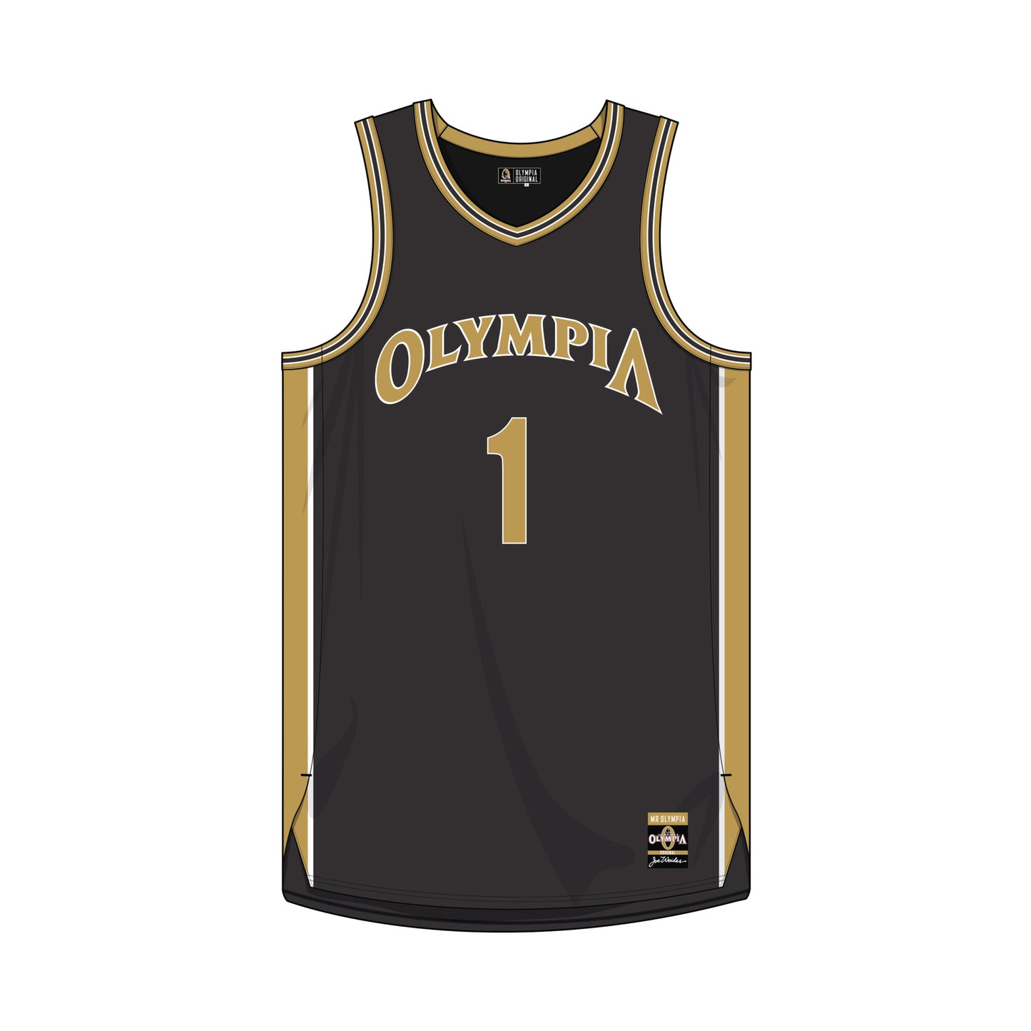 Camiseta de baloncesto Olympia negra y dorada