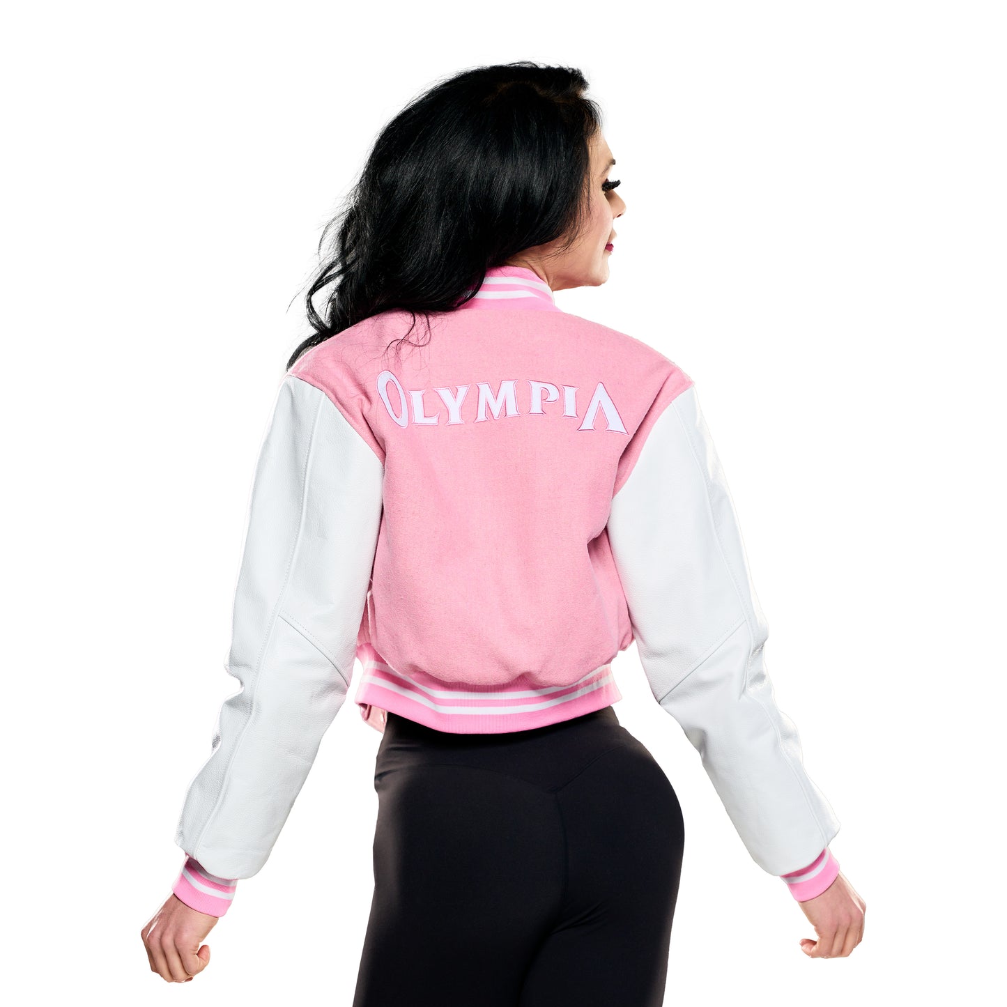 Olympia Crop Lettermen Jacket Pink/white